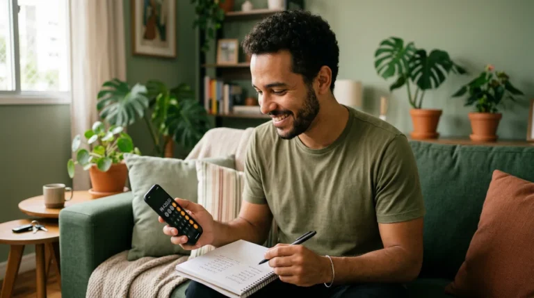 Jovem fazendo as contas no celular em casa