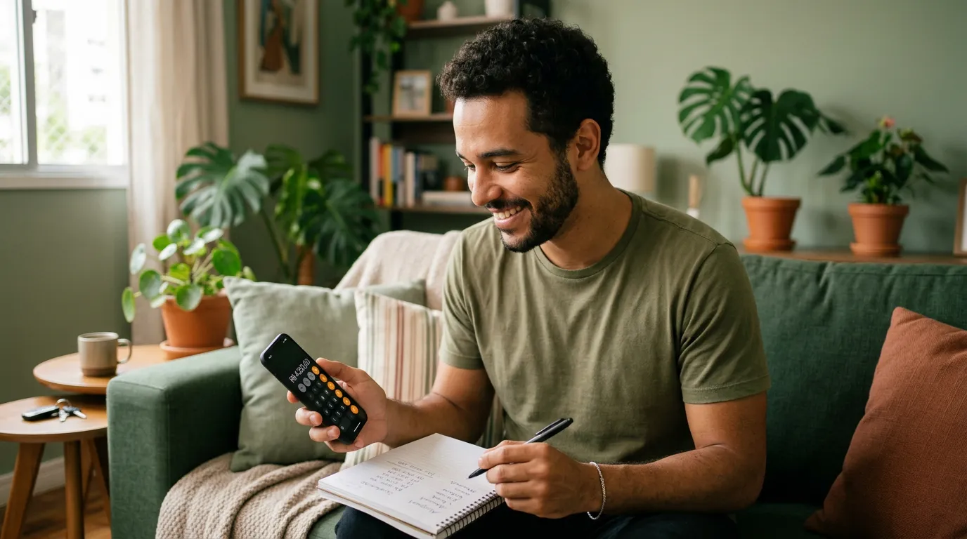 Jovem fazendo as contas no celular em casa