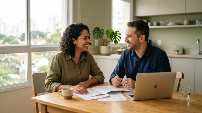 Casal analisando os documentos do financiamento na mesa da cozinha