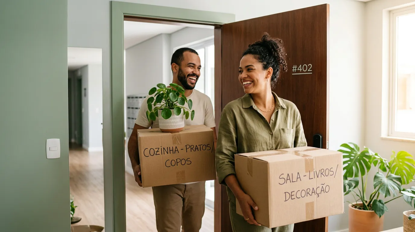 Casal carregando caixas de mudança para o apartamento novo