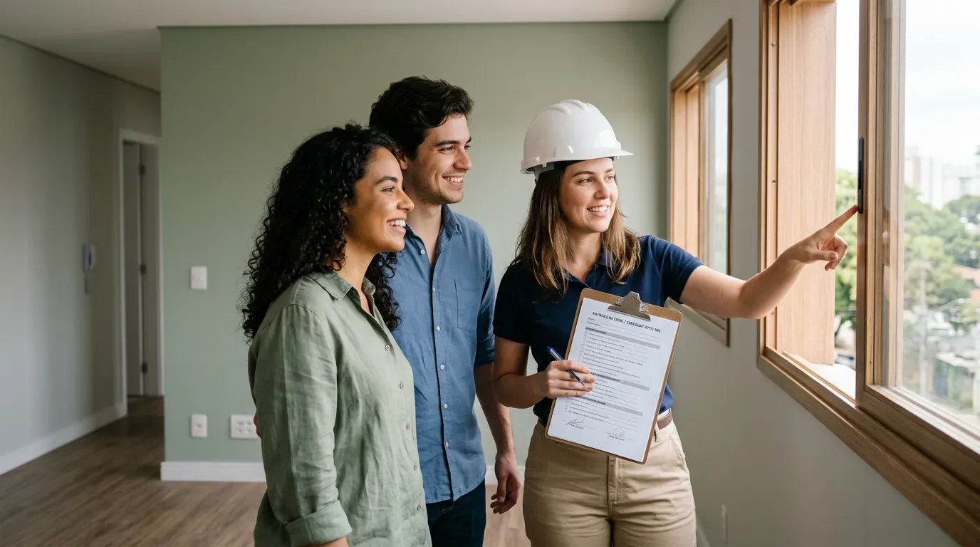 Casal fazendo a vistoria do apartamento novo com a engenheira
