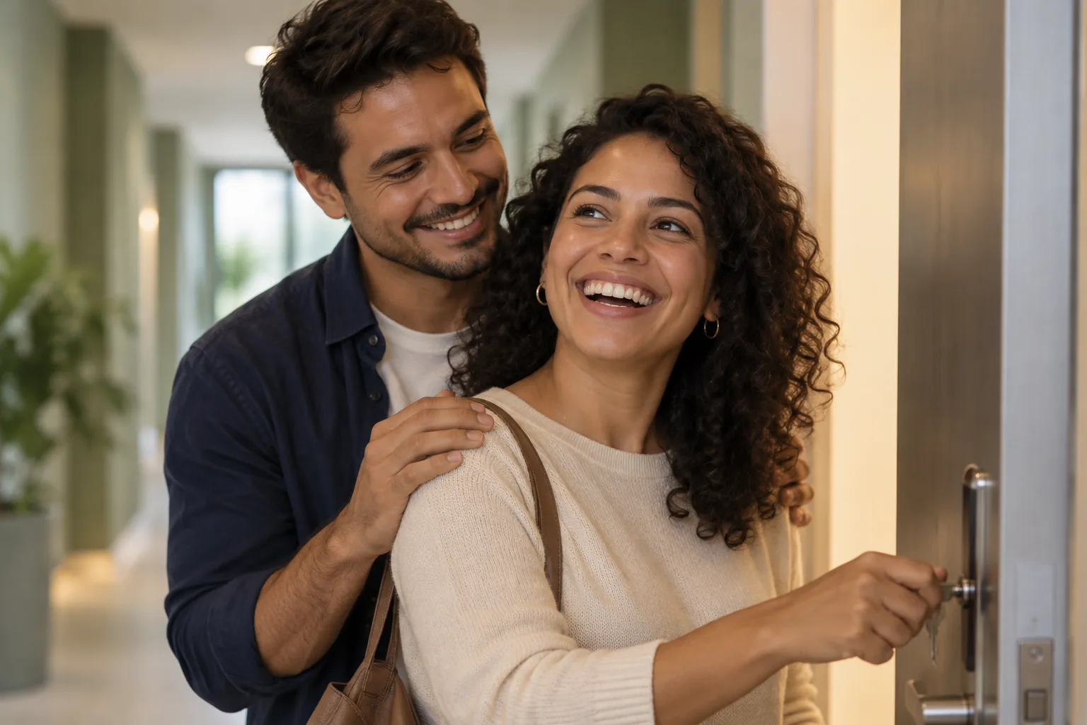 Casal abrindo pela primeira vez a porta do apartamento novo