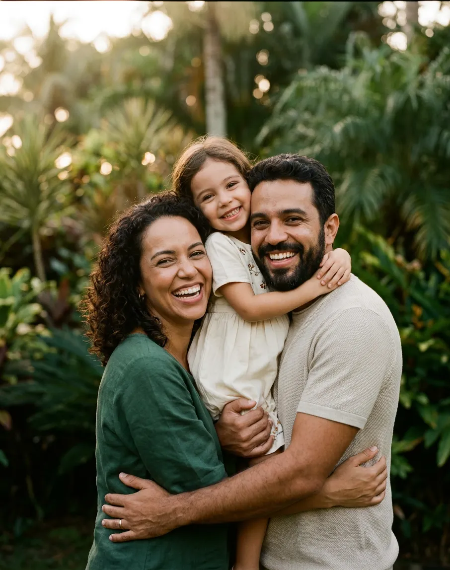 Família com a filha sorrindo abraçada no jardim do condomínio
