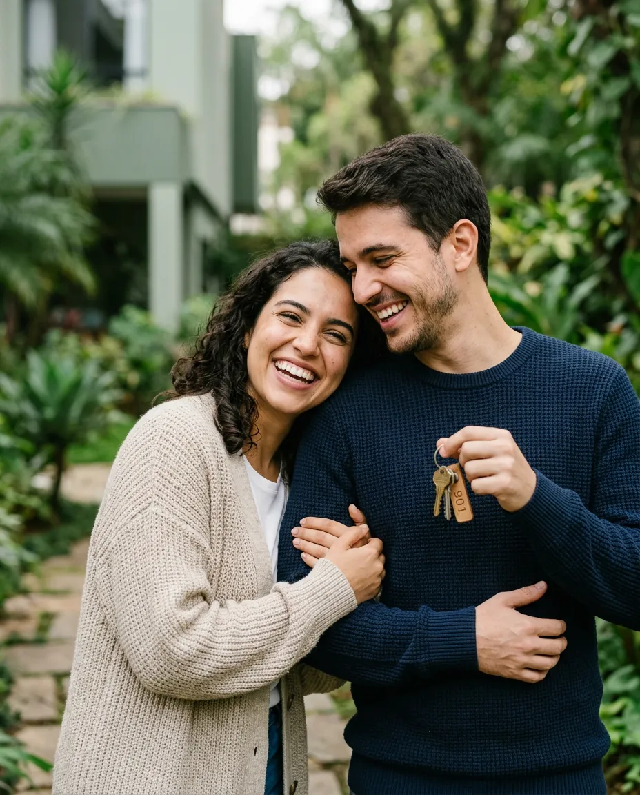 Casal jovem sorrindo abraçado, ele segurando as chaves do primeiro apartamento