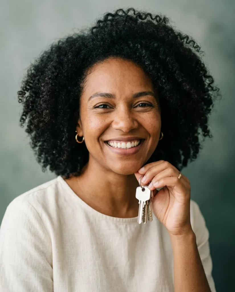 Mulher sorrindo segurando as chaves da casa nova