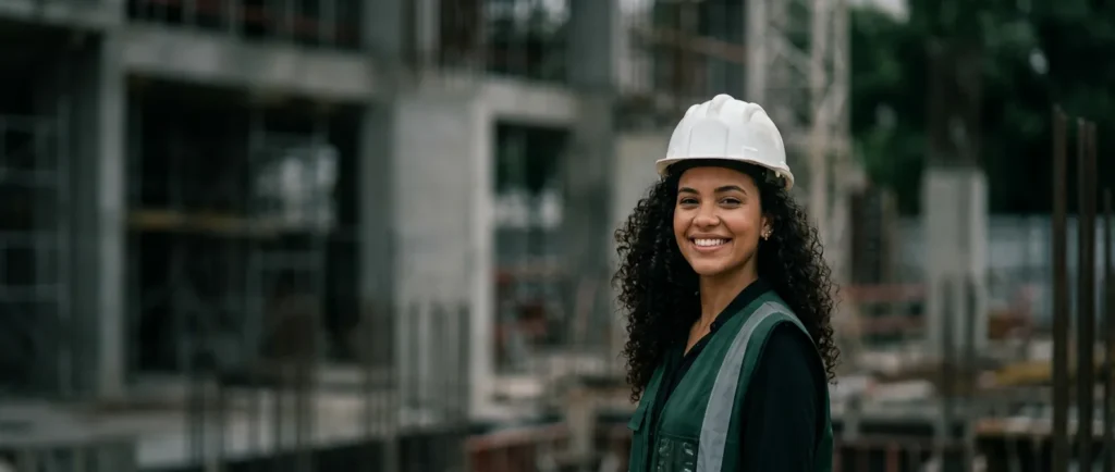 Engenheira de capacete sorrindo na obra