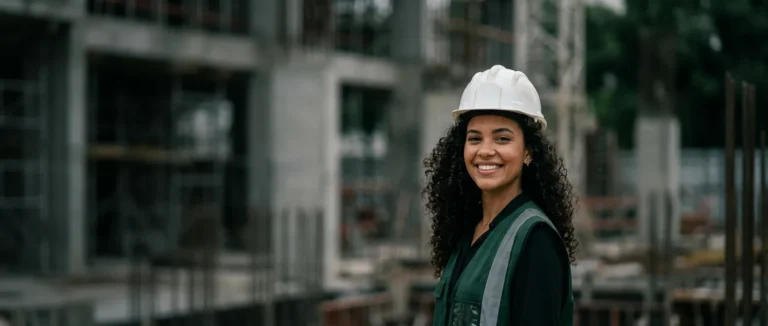 Engenheira de capacete sorrindo na obra