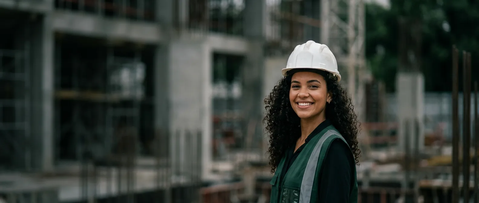 Engenheira de capacete sorrindo na obra